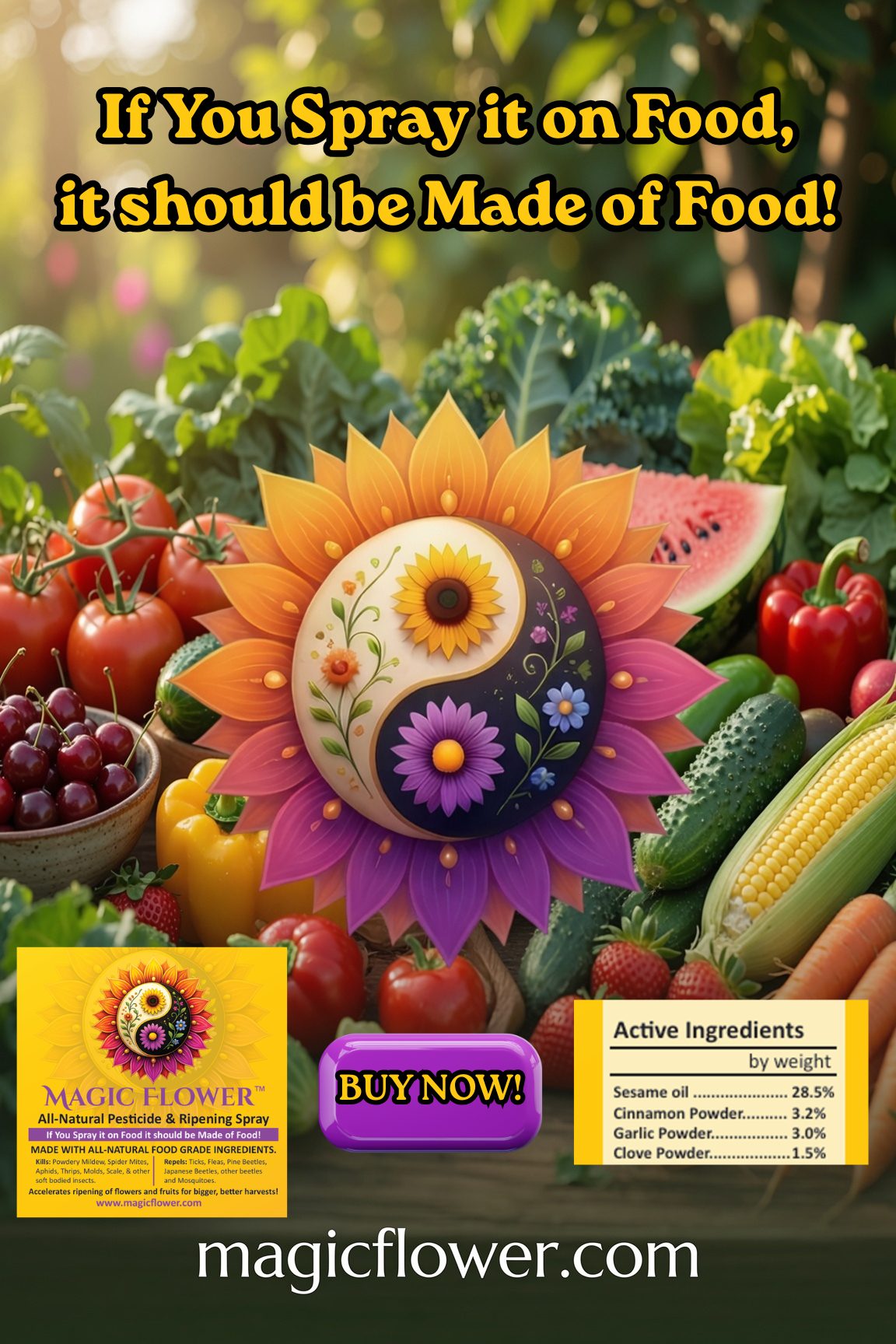 Tomatoes, peppers, corn, and other garden food with the Magic Flower mark